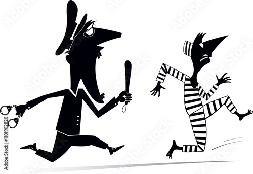 Angry police officer running after a prisoner. 
Male police officer with handcuffs and baton trying to catch up a prisoner. Black and white illustration
