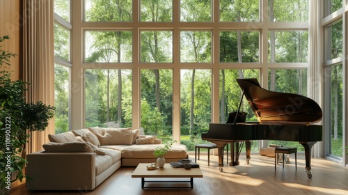 Fototapeta Naklejka Na Ścianę i Meble -  Serene Living Room with Grand Piano and Lush Garden Views