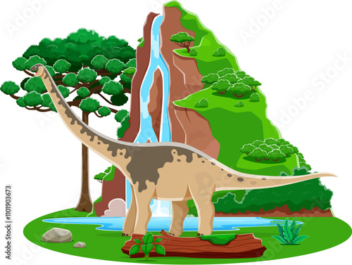 Paralititan prehistoric dinosaur character roaming at serene nature scene. Cartoon vector friendly dino sauropod standing at Jurassic era landscape with lush flora, tall tree, ferns and waterfall