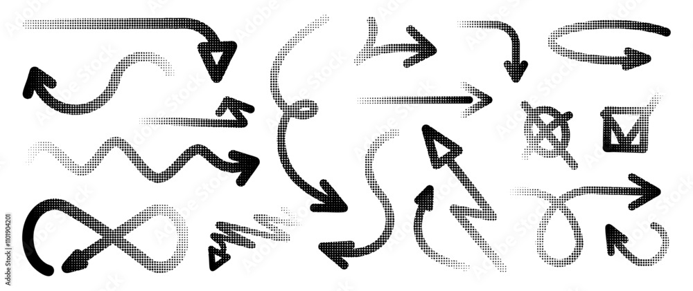 Set of different shapes of halftone effect arrows, drawn in black digital form for design in fun presentations and animated visuals with a tonal gradient effect. vector illustration Set of different shapes of halftone effect arrows, drawn in black digital form for design in fun presentations and animated visuals with a tonal gradient effect. vector illustration