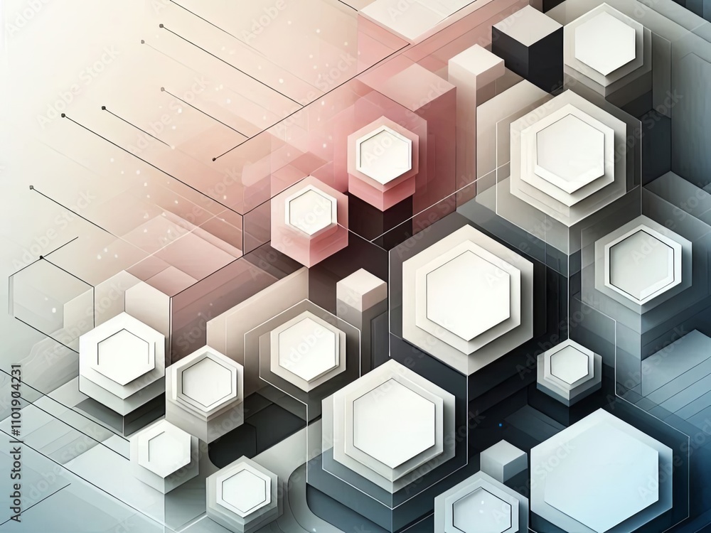 Obraz premium Abstract hexagonal network with interconnected geometric shapes in a modern, digital style featuring layered hexagons and lines, creating depth and a futuristic feel