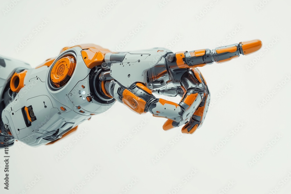 Futuristic robotic arm with orange and gray design pointing forward. Futuristic robotic arm with orange and gray design pointing forward.