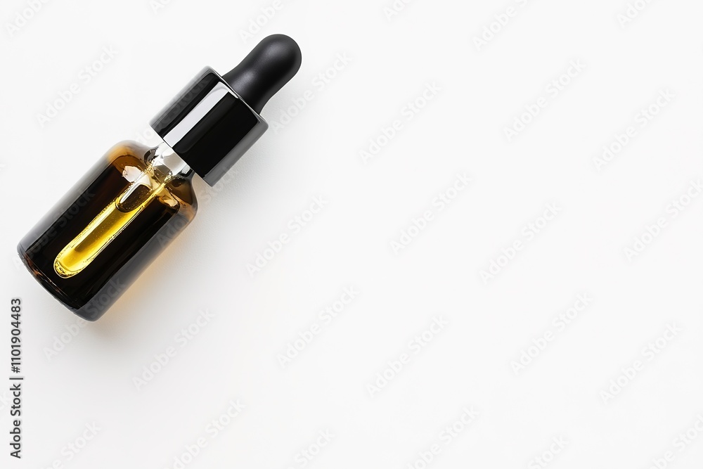 Minimalistic dropper bottle on white surface Minimalistic dropper bottle on white surface