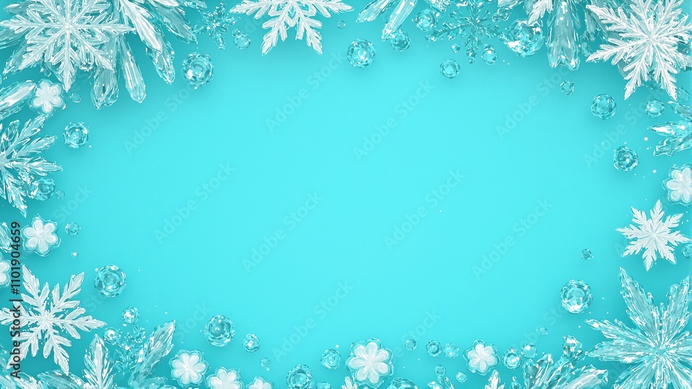 Winter themed teal background with icy snowflakes  crystals framing empty space