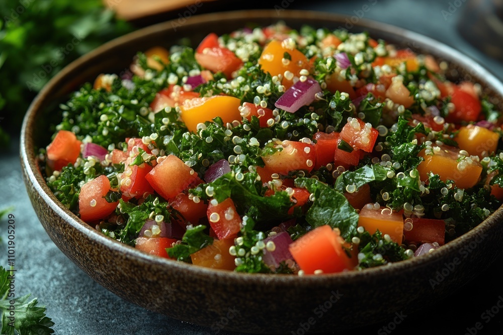 A bowl of quinoa salad with kale, tomatoes, red onion, and parsley. A bowl of quinoa salad with kale, tomatoes, red onion, and parsley.