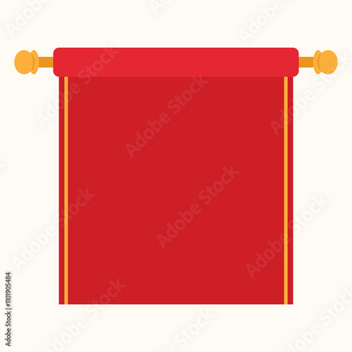 A simple red curtain with yellow accents, suggesting a decorative or theatrical purpose.