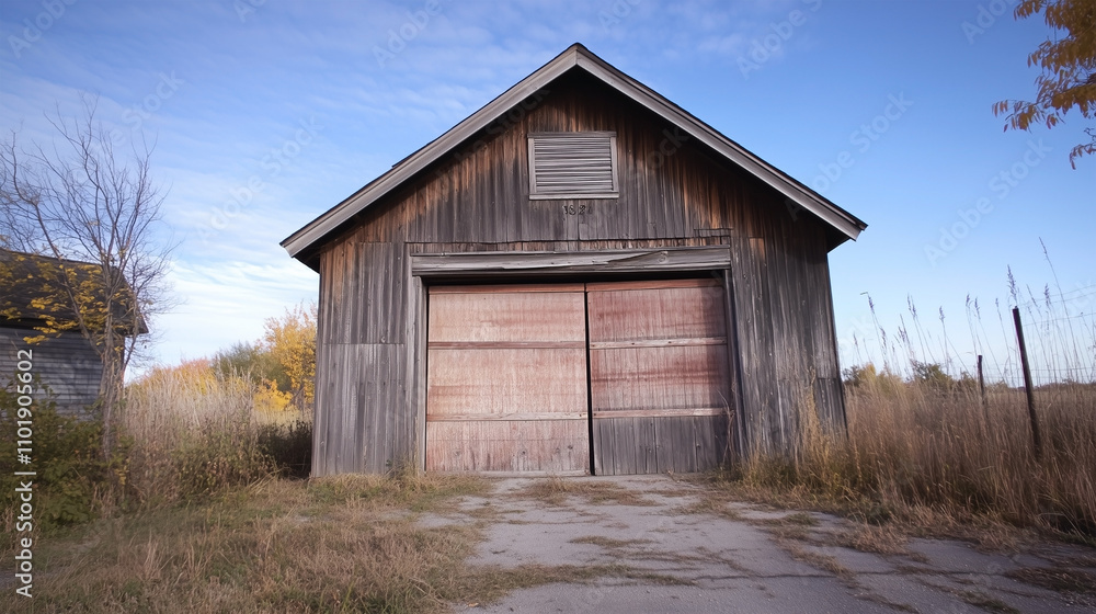 A barn with a garage door that is open A barn with a garage door that is open