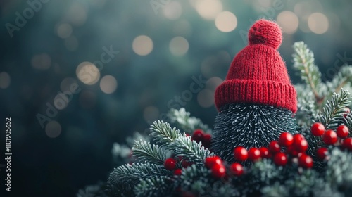 a red hat with red berries on it sits on a christmas tree.