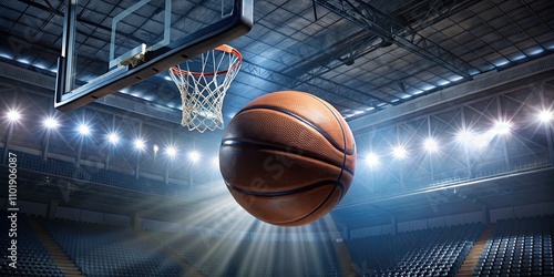 Dynamic Basketball Shot with Bright Arena Lights, Perfect for Sports Marketing, Team Promotion, or Sports Event Advertising in a Thrilling Game Atmosphere photo