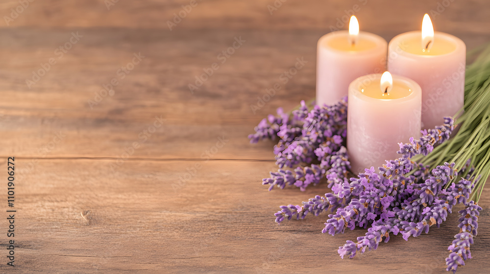 Lavender flowers surround three lit candles on wooden table, creating calming and serene atmosphere. soft glow of candles enhances beauty of lavender Lavender flowers surround three lit candles on wooden table, creating calming and serene atmosphere. soft glow of candles enhances beauty of lavender