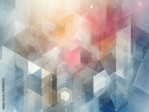 Soft geometric background with abstract polygonal shapes and subtle pastel colors, featuring interconnected lines and gradients, creating a calming and modern digital art aesthetic