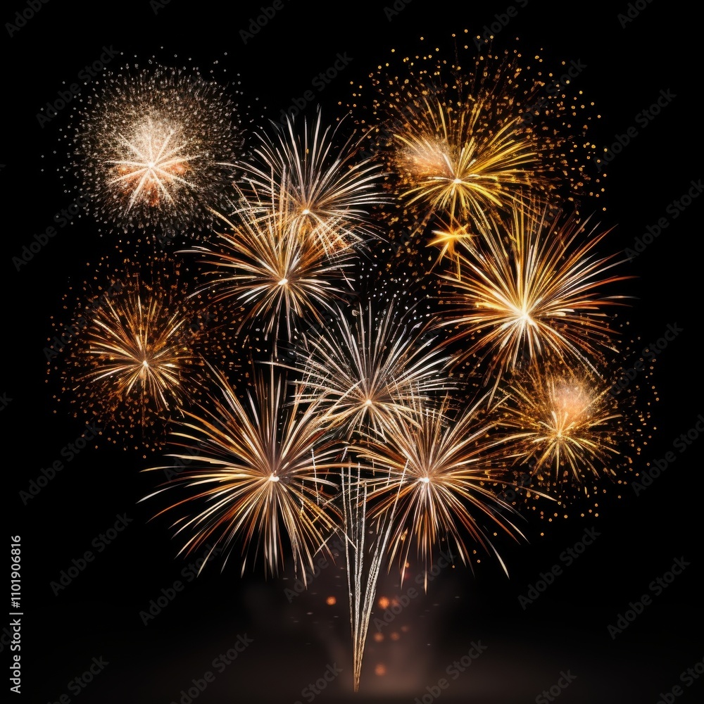 A gold fireworks celebration lighting up the night sky during a festive holiday event, isolated on black background A gold fireworks celebration lighting up the night sky during a festive holiday event, isolated on black background