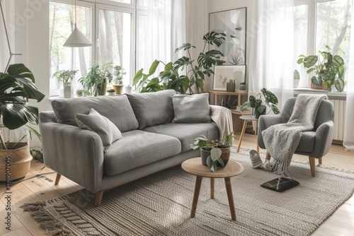 A bright living room with gray sofa, armchair, and many plants, creating a cozy and natural atmosphere.