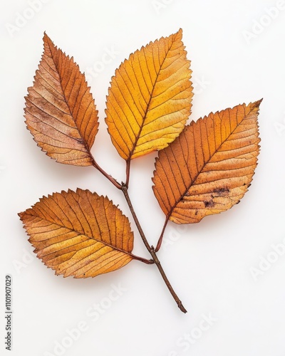 Elm Leaves. Dry Yellow and Red Foliage on White Background. Autumn Twig Herbarium