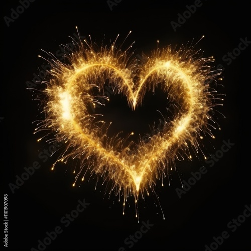 A gold heart shape fireworks celebration lighting up the night sky during a festive holiday event, isolated on black background