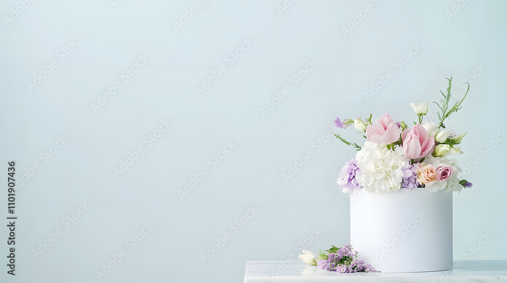 bouquet of light purple tulips and white hydrangeas in white vase, creating serene atmosphere bouquet of light purple tulips and white hydrangeas in white vase, creating serene atmosphere