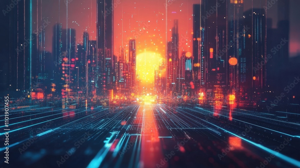 The sun sets over a sleek array of solar panels, with glowing data visuals emphasizing the synergy of renewable energy and technology The sun sets over a sleek array of solar panels, with glowing data visuals emphasizing the synergy of renewable energy and technology