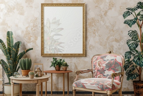 A goldframed picture hangs above a patterned armchair, surrounded by plants and side tables in a stylish room. photo