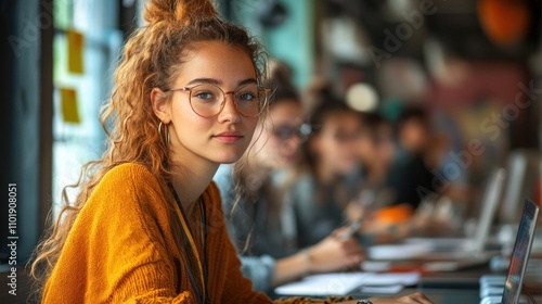 A young woman with curly hair and glasses looks confidently at the camera while working on a laptop in a cafe.