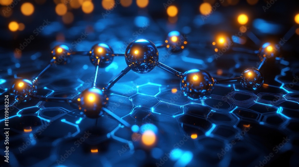 Abstract 3D rendering of a molecular structure with glowing orbs and hexagonal pattern. Abstract 3D rendering of a molecular structure with glowing orbs and hexagonal pattern.