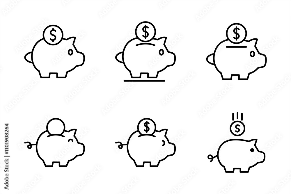 Piggy bank, linear style icon set, Piggy bank with a coin being inserted, Editable stroke width, on a white background. Piggy bank, linear style icon set, Piggy bank with a coin being inserted, Editable stroke width, on a white background.