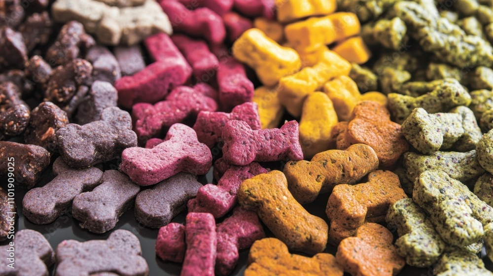 Fototapeta premium Vibrant, nutritious dog treats displayed in an eye-catching arrangement, highlighting diversity and appeal in pet cuisine