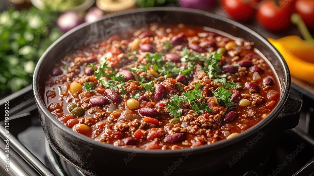 A pot of steaming chili con carne garnished with parsley, with fresh vegetables in the background. A pot of steaming chili con carne garnished with parsley, with fresh vegetables in the background.
