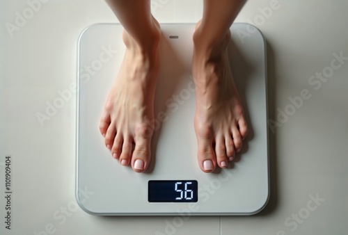 Obraz na płótnie Weight Check. A person standing on a digital scale with their feet visible. w salonie
