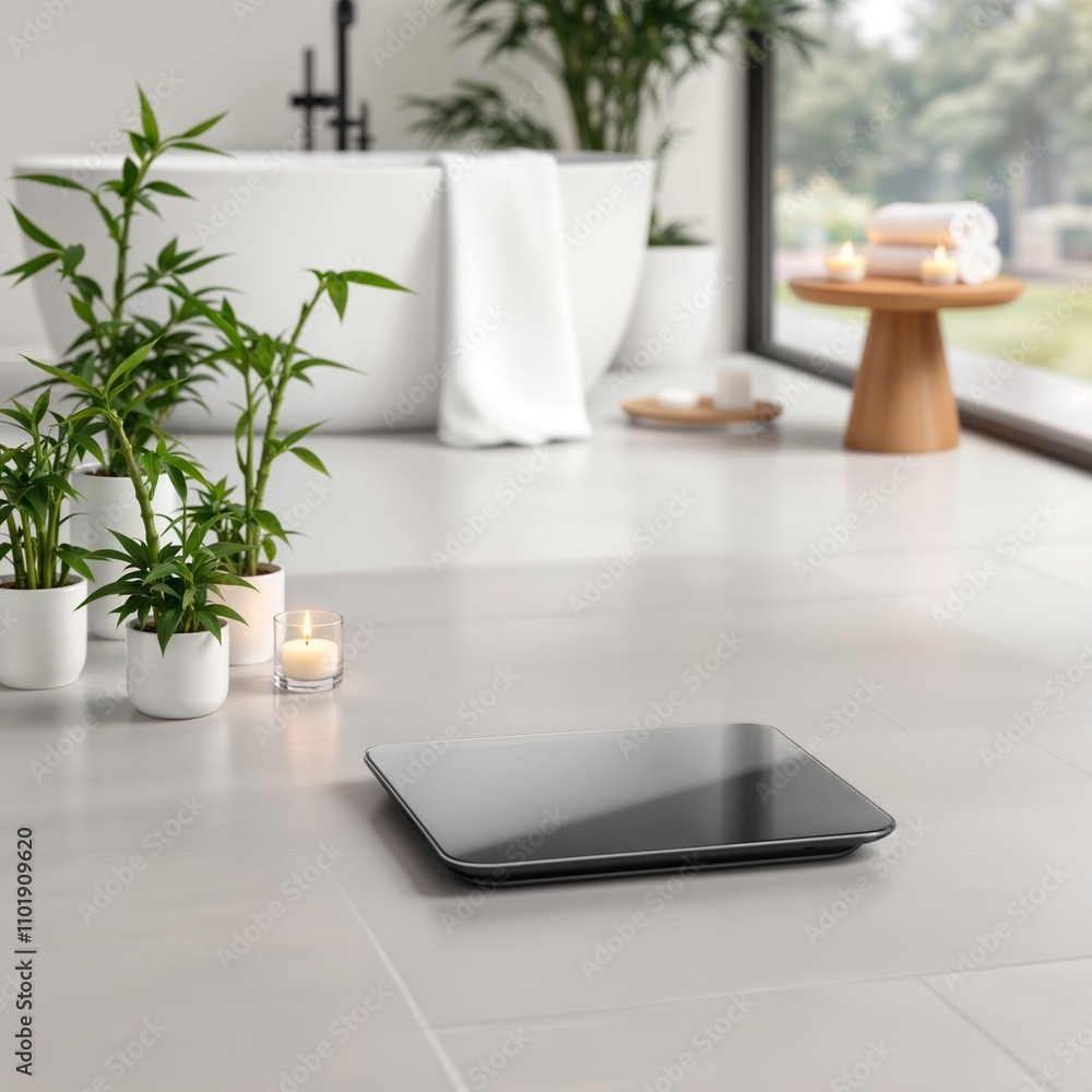 Smart bathroom scales. Modern bathroom with smart scales, potted plants, candles, and a bathtub, creating a serene and relaxing atmosphere. Smart bathroom scales. Modern bathroom with smart scales, potted plants, candles, and a bathtub, creating a serene and relaxing atmosphere.