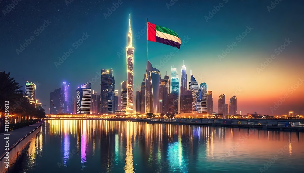 Fototapeta premium UAE National day, National Day of United Arab Emirates. National Day Concept Design, flag of united Arab emirates in desert background, wave flag of UAE, flag day 