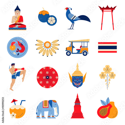 Thailand Travel Symbols and Bangkok Landmarks Icons