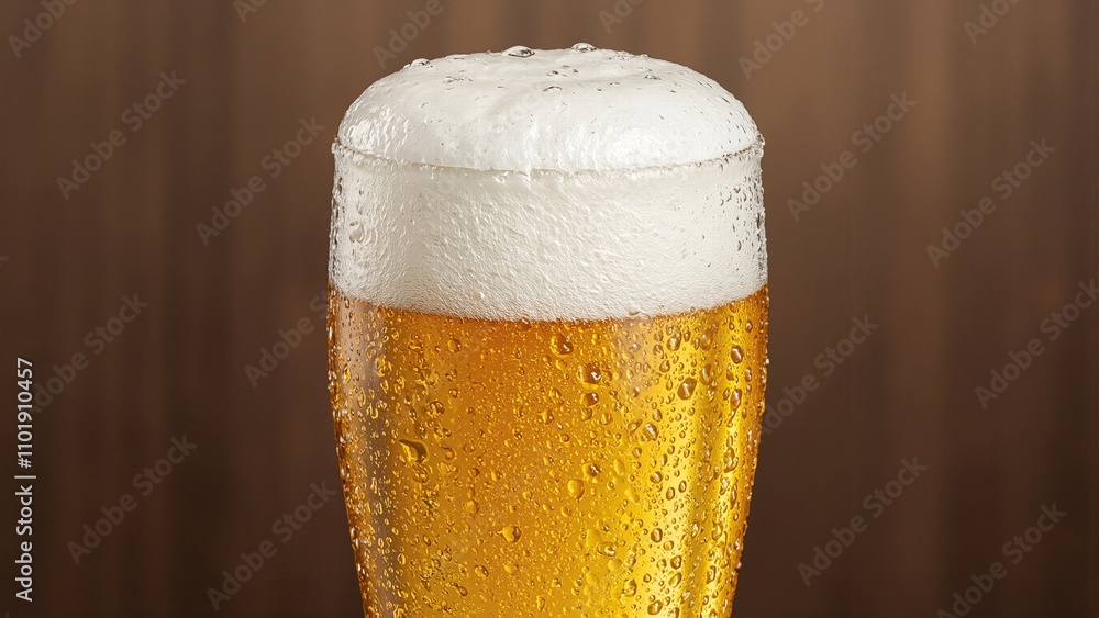 Golden beer in frosty glass with foamy head ideal summer refreshment Golden beer in frosty glass with foamy head ideal summer refreshment