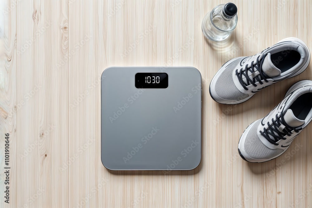 Fitness and health. Smart scales, running shoes, and a water bottle lie on a wooden floor, embodying a healthy lifestyle.