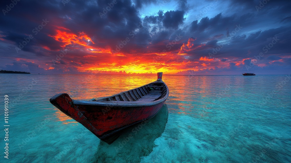 A serene boat anchored in clear waters during a vibrant sunset. A serene boat anchored in clear waters during a vibrant sunset.