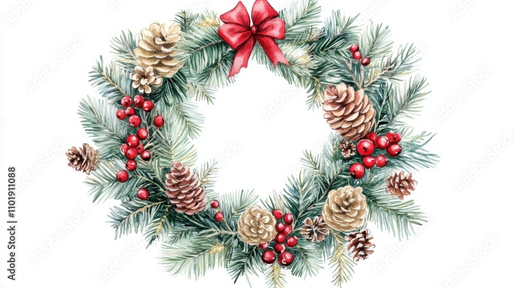 Watercolor Christmas wreath with a harmonious blend of greens and reds, enhanced by subtle golden details for a timeless holiday look Watercolor Christmas wreath with a harmonious blend of greens and reds, enhanced by subtle golden details for a timeless holiday look