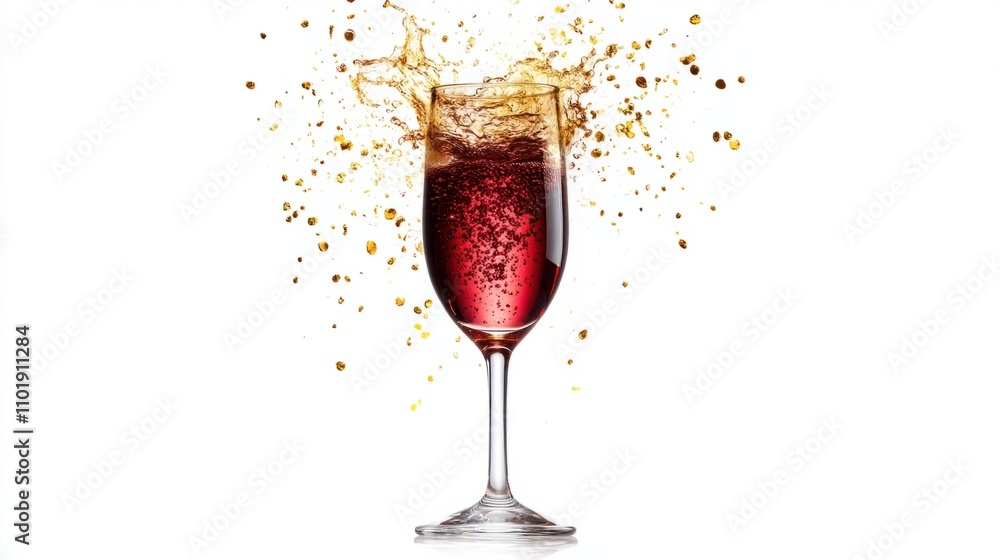 Elegant splash of sparkling red wine in a flute glass, with golden highlights and vibrant clarity, isolated on white Elegant splash of sparkling red wine in a flute glass, with golden highlights and vibrant clarity, isolated on white