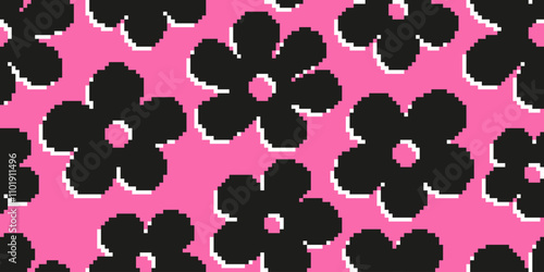 Pixel art blooming flower pattern, floral textured background.