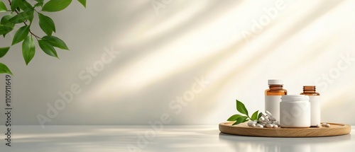 Supplements, pills, and bottles on a wooden tray with leaves in sunlight.