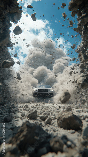 dramatic scene of car narrowly escaping cloud of dust and debris, showcasing power and speed of vehicle in rugged environment photo