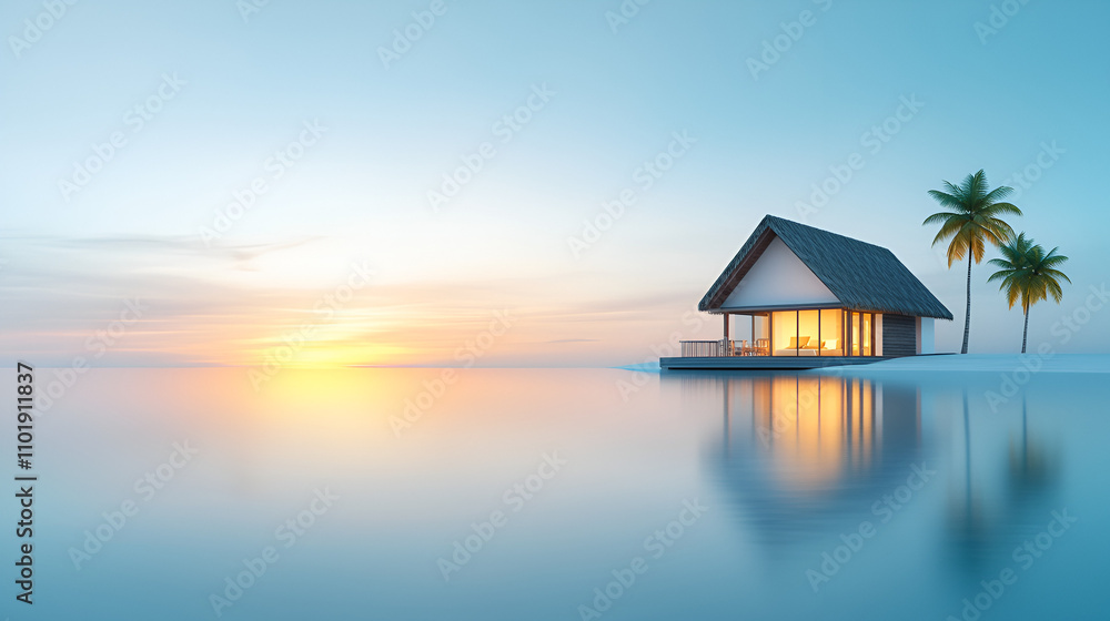 Golden sunset bathes a tropical beach with swaying palm trees, inviting travelers to paradise Golden sunset bathes a tropical beach with swaying palm trees, inviting travelers to paradise