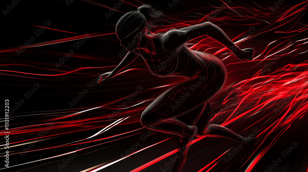 An abstract design of a runner, formed with glowing red and black ...