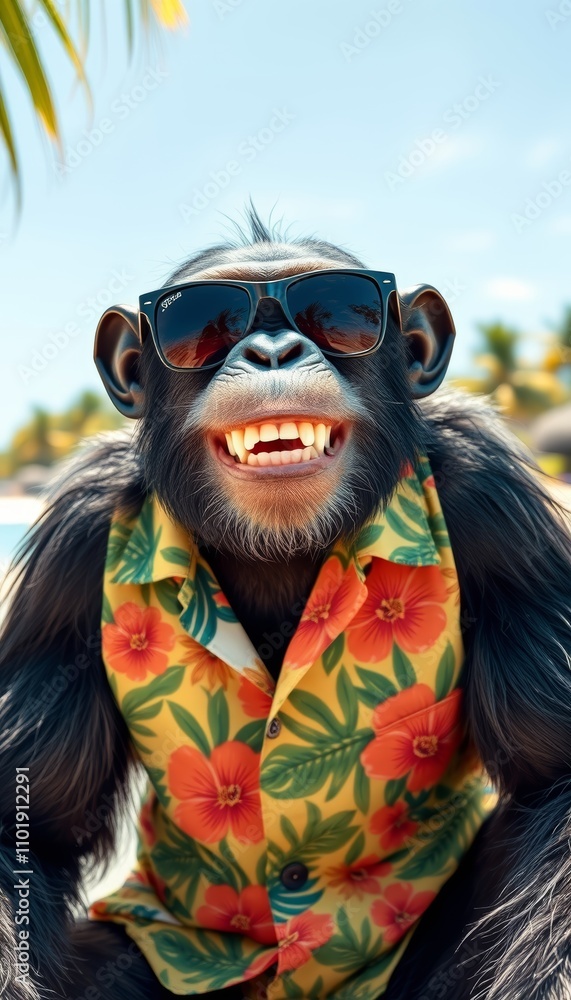 portrait illustration of a chimpanzee monkey wearing sunglasses and a hawaiian shirt enjoying vacation on a sunny tropical beach portrait illustration of a chimpanzee monkey wearing sunglasses and a hawaiian shirt enjoying vacation on a sunny tropical beach