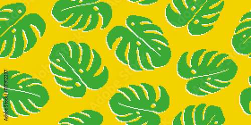 Pixel art monstera leaves pattern, tropical floral textured background.