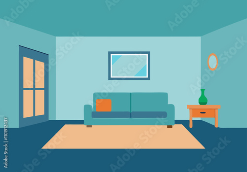 Living room interior with sofa in minimalistic flat style