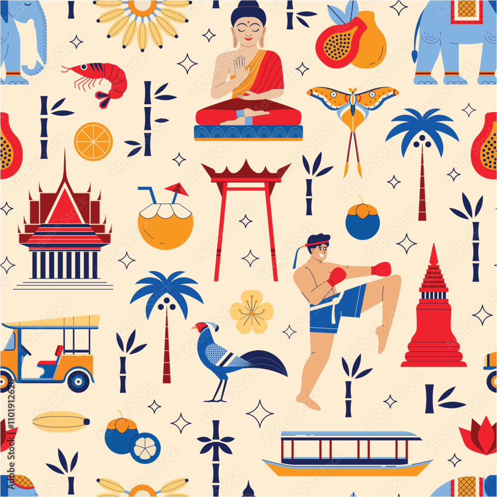 Travel Thailand and Bangkok Seamless Pattern