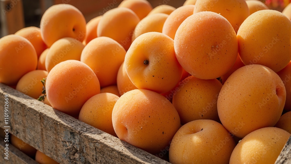 Ripe apricots in wooden crate under the sun Ripe apricots in wooden crate under the sun
