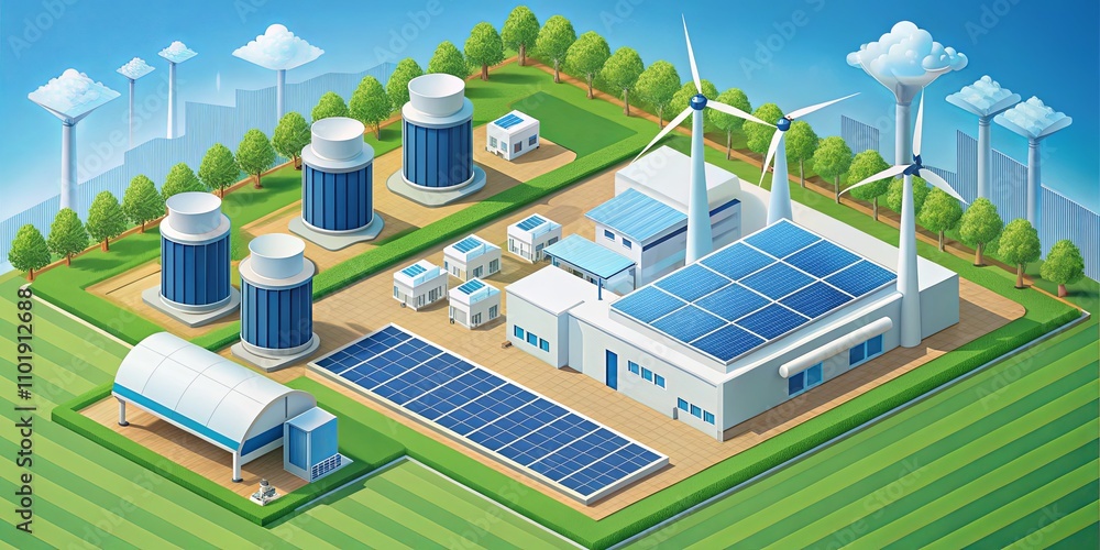 Advanced Renewable Energy Facility Featuring Wind Turbines, Solar Panels, and Efficient Power Generation with Lush Green Surroundings for Sustainable Future Advanced Renewable Energy Facility Featuring Wind Turbines, Solar Panels, and Efficient Power Generation with Lush Green Surroundings for Sustainable Future