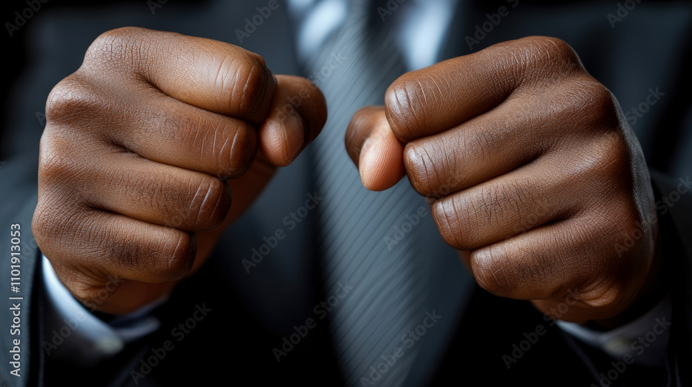 Powerful fists of a suited individual show strength and determination, highlighting a moment of focus and resolve in a business environment