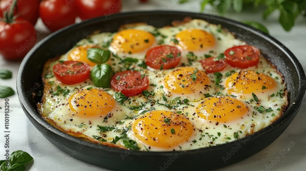 Pan-fried eggs with cherry tomatoes and herbs. Pan-fried eggs with cherry tomatoes and herbs.
