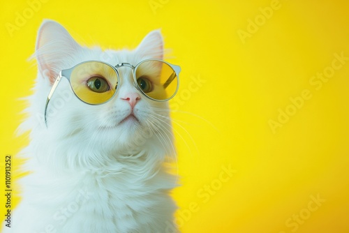 A curious white cat sitting on a bright yellow background, adorned with trendy glasses photo